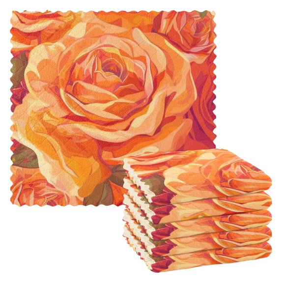 6 Packs Beautiful Orange Rose Kitchen Dish Towels Soft Absorbent Dish Cloths 11"x11"