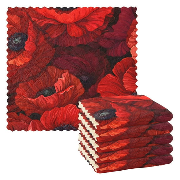 6 Packs Blooming Poppy Flower Kitchen Dish Towels Soft Absorbent Dish Cloths 11"x11"