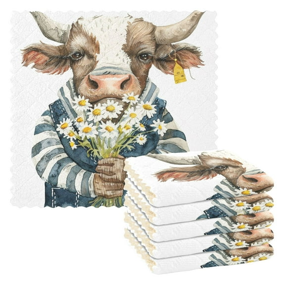 6 Packs Bull Cow with Daisies Kitchen Dish Towels Soft Absorbent Dish Cloths 11"x11"