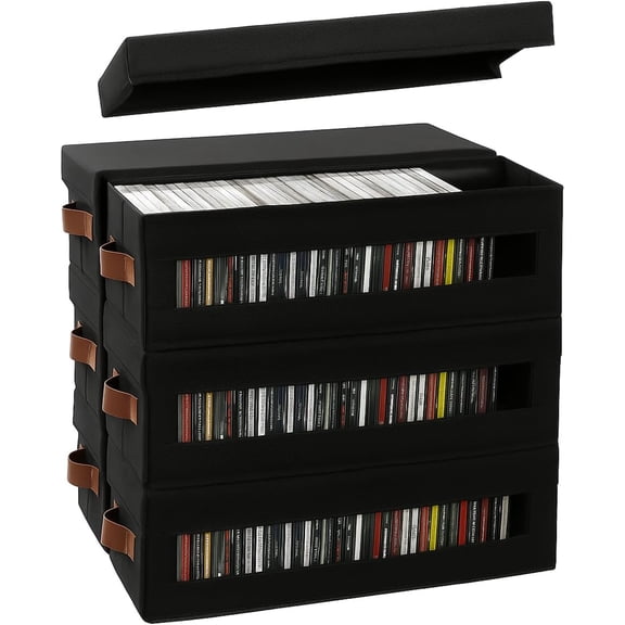 6 Packs CD Storage Box with Visible Window, Stackable CD Case Holder with Dustproof Lid and Handles, Holds Up to 222 CDs in Full Jewel Cases-15.75 x 6.10 x 5.31 Inches-Black