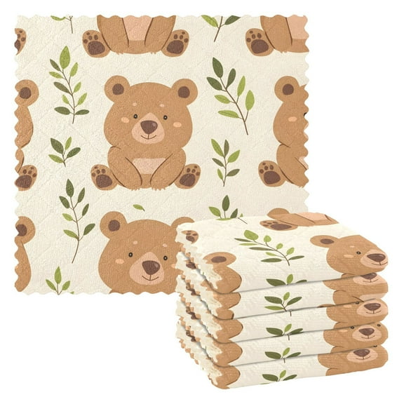 6 Packs Cartoon Bear and Leaf Kitchen Dish Towels Soft Absorbent Dish Cloths 11"x11"