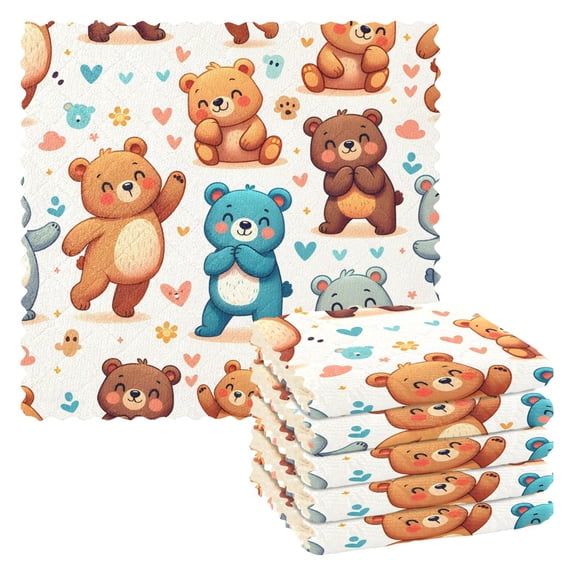 6 Packs Cartoon Bears and Heart Kitchen Dish Towels Soft Absorbent Dish Cloths 11"x11"