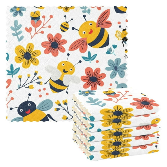 6 Packs Cartoon Bee with Plants Kitchen Dish Towels Soft Absorbent Dish Cloths 11"x11"