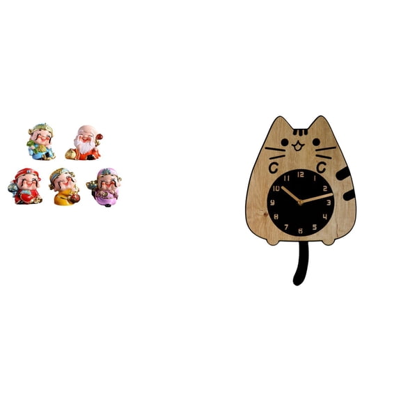 6 Packs Cartoon God of Fortune Statue Wall Hanging Clock Decorative Resin Wood for Living Room Shelf Office