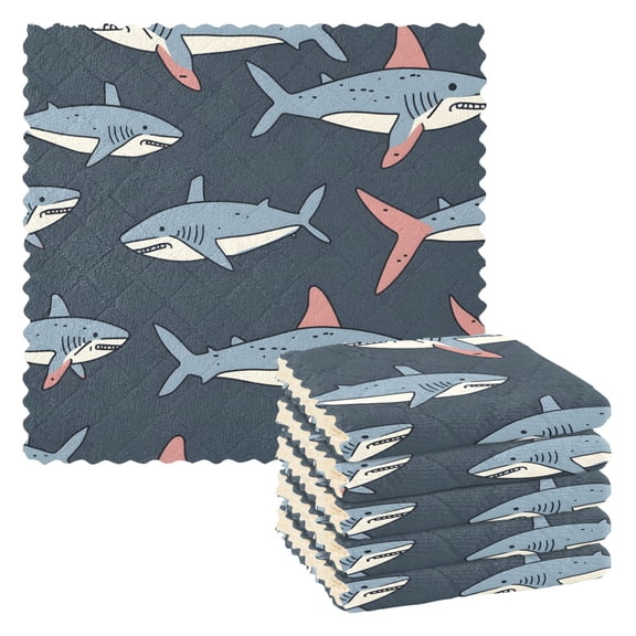 6 Packs Cartoon Line Sharks Kitchen Dish Towels Soft Absorbent Dish Cloths 11"x11"