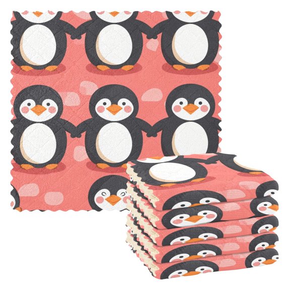 6 Packs Cartoon Lovely Penguins Kitchen Dish Towels Soft Absorbent Dish Cloths 11"x11"