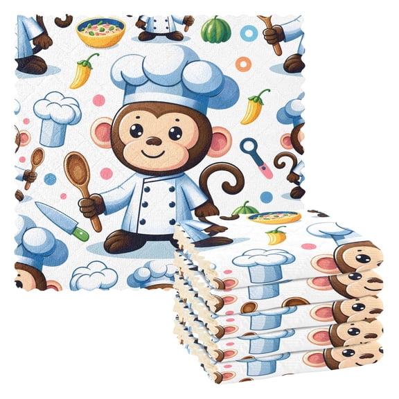 6 Packs Cartoon Monkey Animal Chef Kitchen Dish Towels Soft Absorbent Dish Cloths 11"x11"