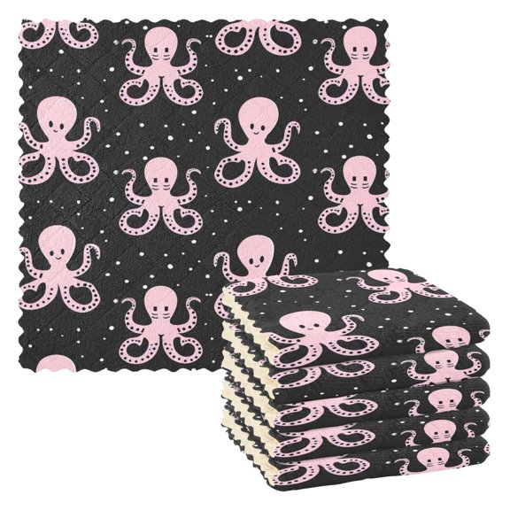 6 Packs Cartoon Octopus in Galaxy Kitchen Dish Towels Soft Absorbent Dish Cloths 11"x11"