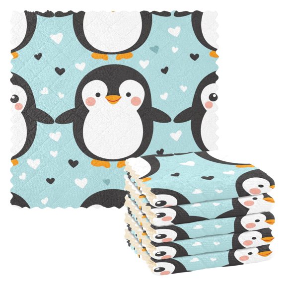 6 Packs Cartoon Penguin with Hearts Kitchen Dish Towels Soft Absorbent Dish Cloths 11"x11"
