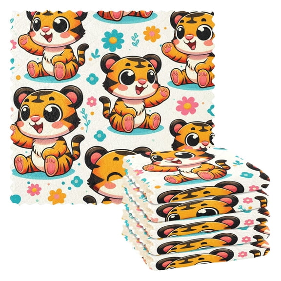 6 Packs Cartoon Tigers Sit Kitchen Dish Towels Soft Absorbent Dish Cloths 11"x11"