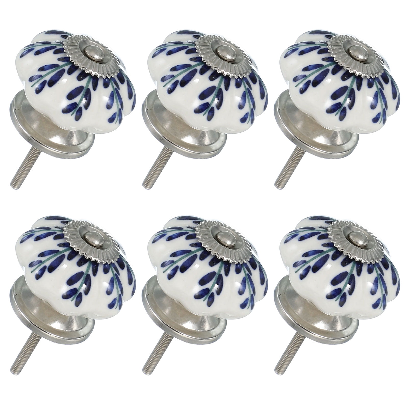 6 Packs Ceramic Knobs, Pumpkin Ceramic Cabinet Drawer Knobs with Screw for Closet Drawer Cupboard Wardrobe, White/Dark Blue (Leaf)