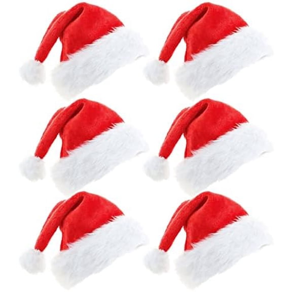 6 Packs Christmas Hats, Santa Hats Adult, Plush Xmas Holiday Hats for New Year Holiday, Unisex Adult Size