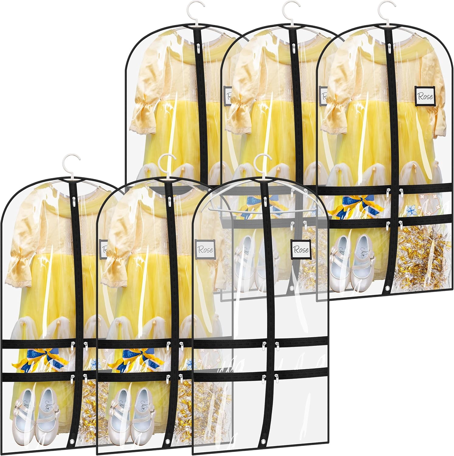 6 Packs Clear Dance Garment Bags for Dancers with 4 Pockets, 40" Kids Dance Costume Garment Bag for Travel and Dance Competition, Hanging Clothes Storage for Dress, Uniform, Black