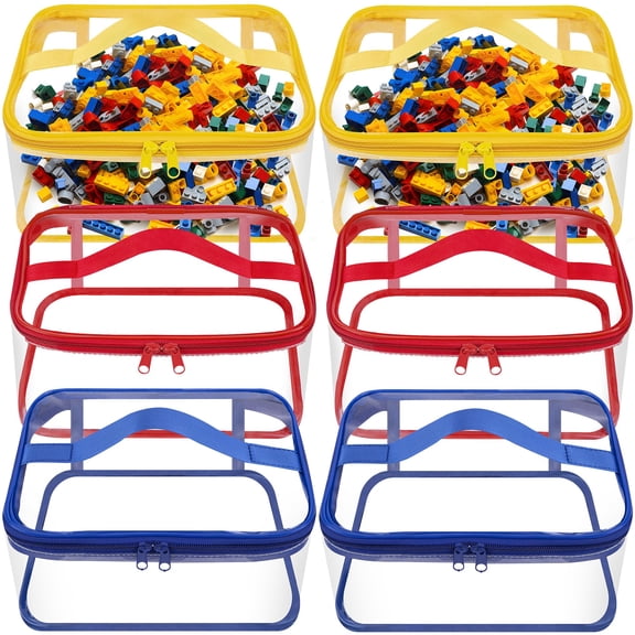 6 Packs Clear Toy Storage Bags - 9.4"x6.7"x4.3" Transparent PVC Toy Organizing Bags with Zipper & Handle, Waterproof for Building Blocks