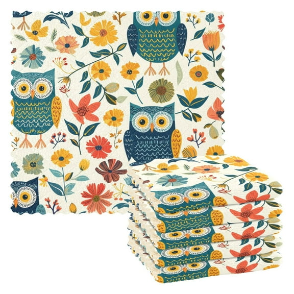 6 Packs Colorful Owls and Flower Kitchen Dish Towels Soft Absorbent Dish Cloths 11"x11"
