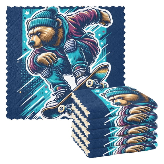 6 Packs Cool Skater Bear Kitchen Dish Towels Soft Absorbent Dish Cloths 11"x11"