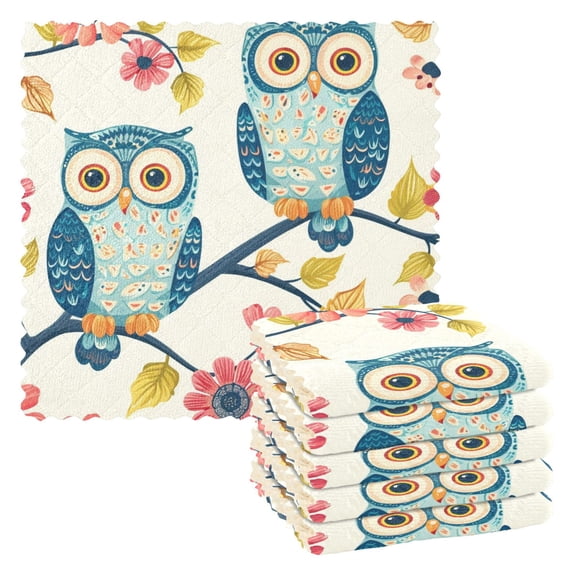 6 Packs Couple Owls on Branch Kitchen Dish Towels Soft Absorbent Dish Cloths 11"x11"