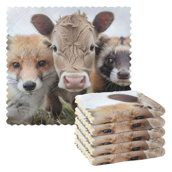 6 Packs Cow Fox Ferret Kitchen Dish Towels Soft Absorbent Dish Cloths 11"x11"