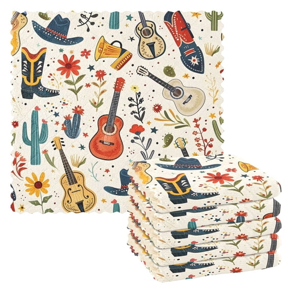 6 Packs Cowboy Boot Hat Guitar Flower Kitchen Dish Towels Soft Absorbent Dish Cloths 11"x11"