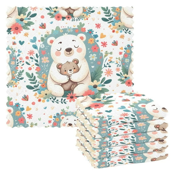 6 Packs Cute Bear in Flower Kitchen Dish Towels Soft Absorbent Dish Cloths 11"x11"