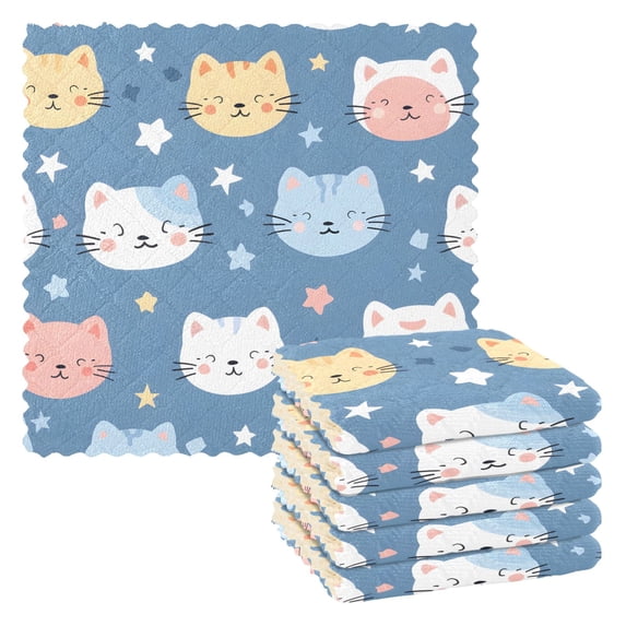 6 Packs Cute Cats Face Kitchen Dish Towels Soft Absorbent Dish Cloths 11"x11"