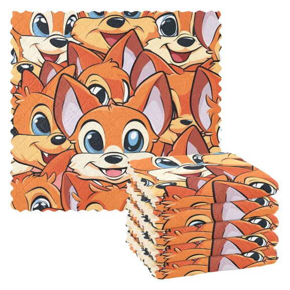 6 Packs Cute Foxes Face Kitchen Dish Towels Soft Absorbent Dish Cloths 11"x11"