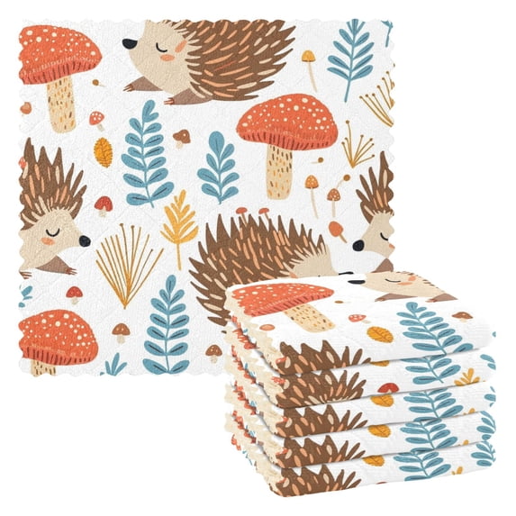 6 Packs Cute Hedgehog Mushroom Leaf Kitchen Dish Towels Soft Absorbent Dish Cloths 11"x11"
