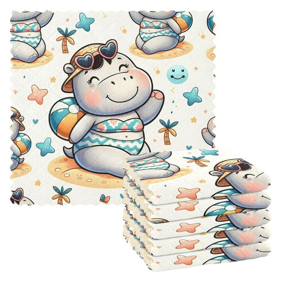 6 Packs Cute Hippo Girl on Beach Kitchen Dish Towels Soft Absorbent Dish Cloths 11"x11"