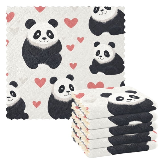 6 Packs Cute Pandas and Red Heart Kitchen Dish Towels Soft Absorbent Dish Cloths 11"x11"