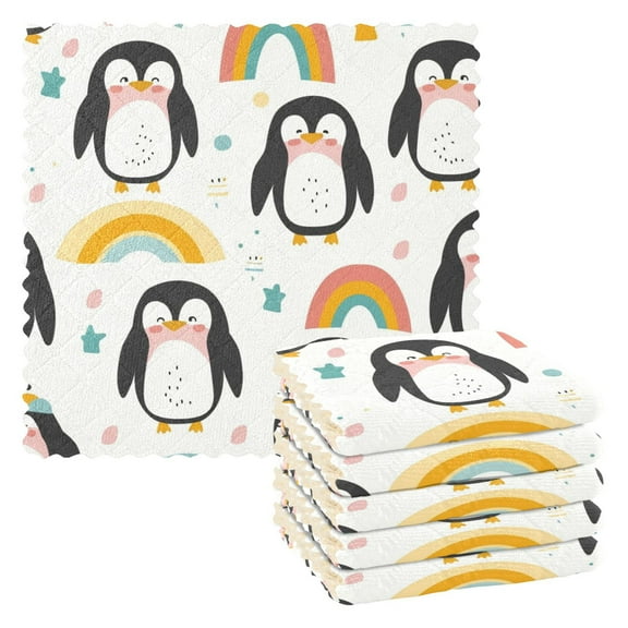 6 Packs Cute Penguins with Rainbow Kitchen Dish Towels Soft Absorbent Dish Cloths 11"x11"