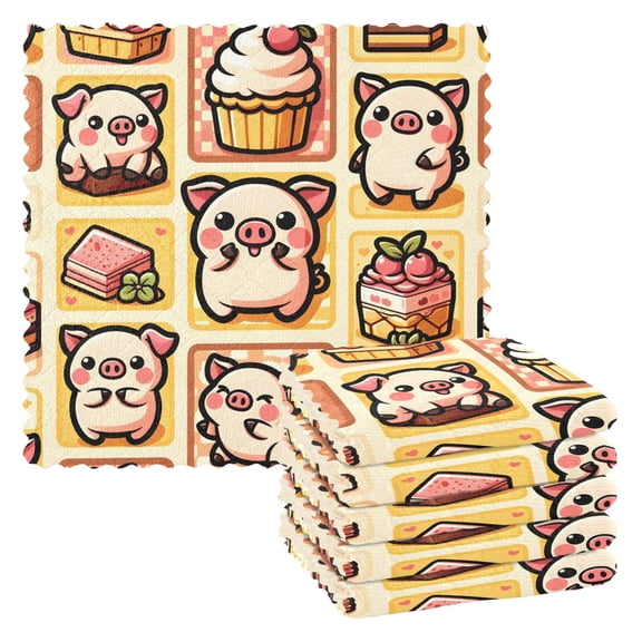 6 Packs Cute Pig with Cake Kitchen Dish Towels Soft Absorbent Dish Cloths 11"x11"