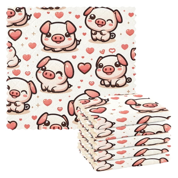 6 Packs Cute Pig with Hearts Kitchen Dish Towels Soft Absorbent Dish Cloths 11"x11"