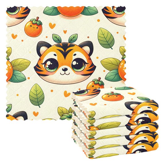 6 Packs Cute Tiger Face and Persimmon Kitchen Dish Towels Soft Absorbent Dish Cloths 11"x11"