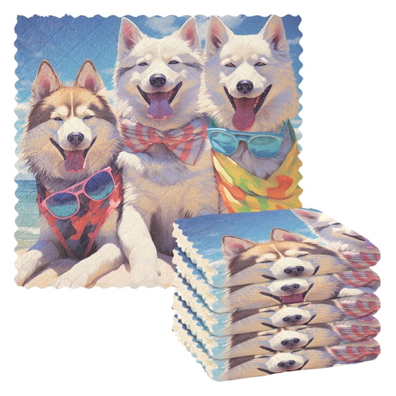 6 Packs Cute Wolf with Sunglasses Kitchen Dish Towels Soft Absorbent Dish Cloths 11"x11"