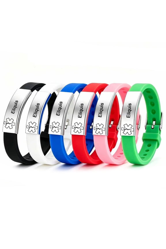 6 Packs Eliquis Medical Alert Bracelets for Men Women,Adjust Silicone Colorful Band Medical Identification Eliquis Wristbands Emergency First Aid Jewelry with Med Wallet Card