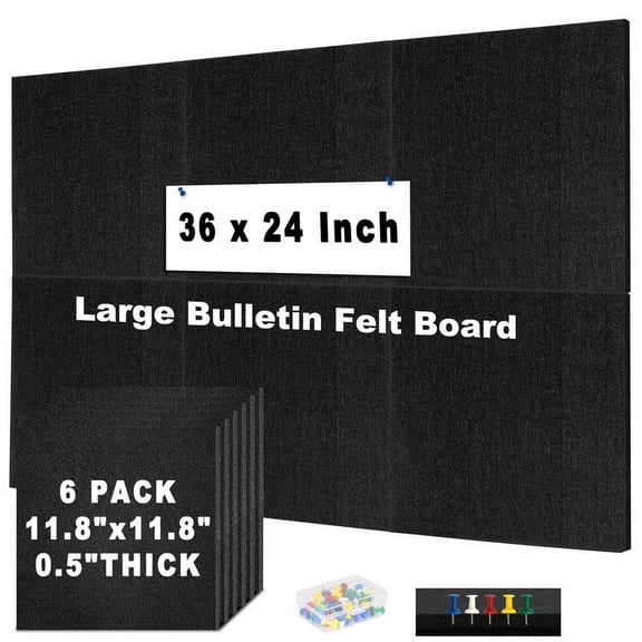 6 Packs Felt Cork Board Tiles 11.8x11.8 Inch, Black Poster Board Cork Bulletin Board Squares Acoustic Panels Soundproof Corkboards for Walls with 60 Pushpins for Home Office Kitchen, Black