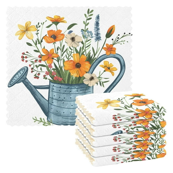 6 Packs Flowers in Kettle Kitchen Dish Towels Soft Absorbent Dish Cloths 11"x11"