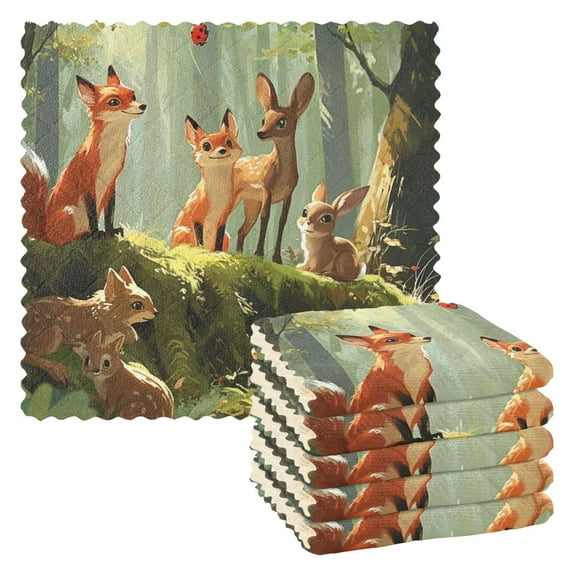 6 Packs Fox Rabbit Deer Kitchen Dish Towels Soft Absorbent Dish Cloths 11"x11"