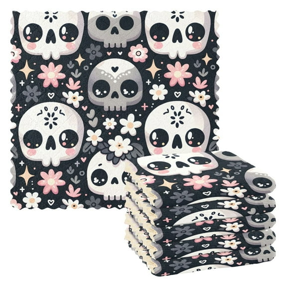 6 Packs Funny Skull with Flower Kitchen Dish Towels Soft Absorbent Dish Cloths 11"x11"