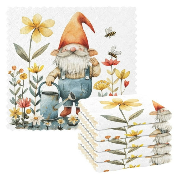 6 Packs Gnomes Bee Flower Kettle Kitchen Dish Towels Soft Absorbent Dish Cloths 11"x11"