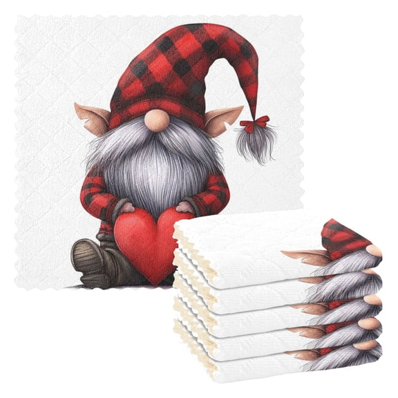 6 Packs Gnomes with Red Hat Heart Kitchen Dish Towels Soft Absorbent Dish Cloths 11"x11"