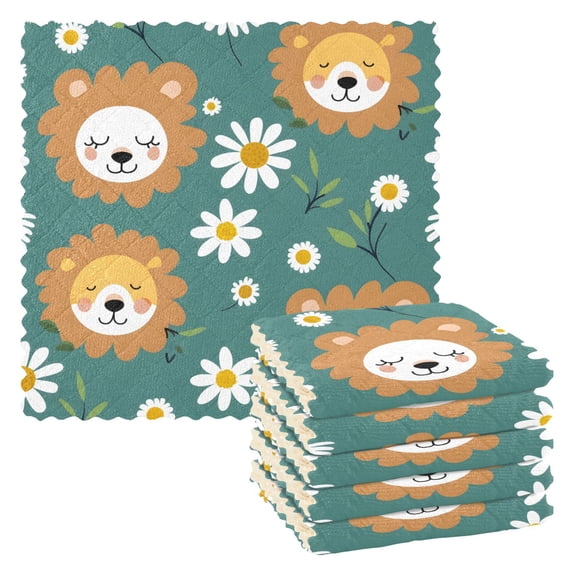 6 Packs Hand Drawn Lion Face and Daisy Kitchen Dish Towels Soft Absorbent Dish Cloths 11"x11"