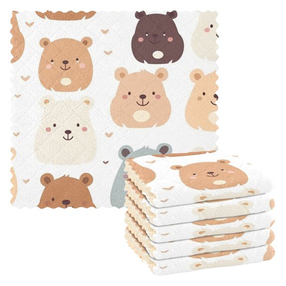 6 Packs Happy Bear Faces Kitchen Dish Towels Soft Absorbent Dish Cloths 11"x11"