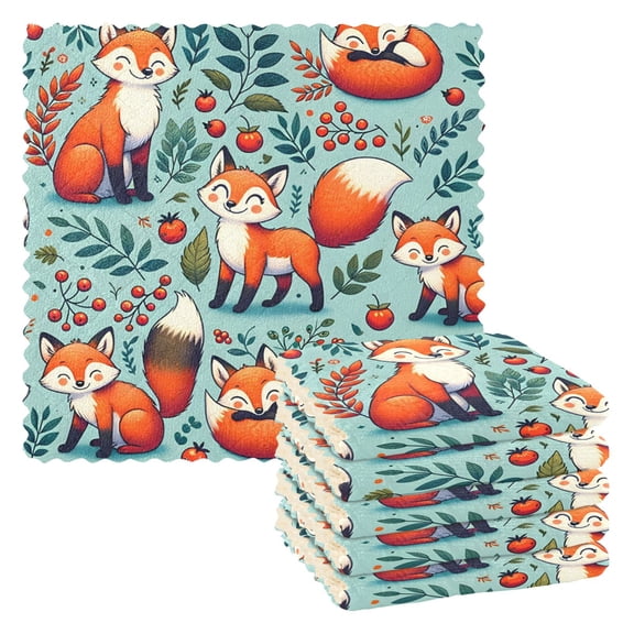 6 Packs Happy Foxes Leaf Berry Kitchen Dish Towels Soft Absorbent Dish Cloths 11"x11"