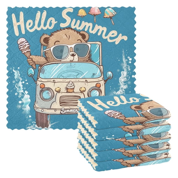 6 Packs Hello Summer Bear Kitchen Dish Towels Soft Absorbent Dish Cloths 11"x11"
