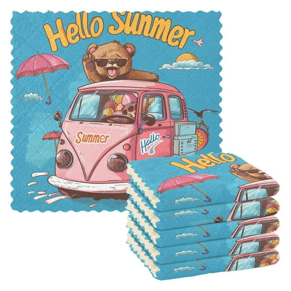6 Packs Hello Summer Funny Bear Kitchen Dish Towels Soft Absorbent Dish Cloths 11"x11"