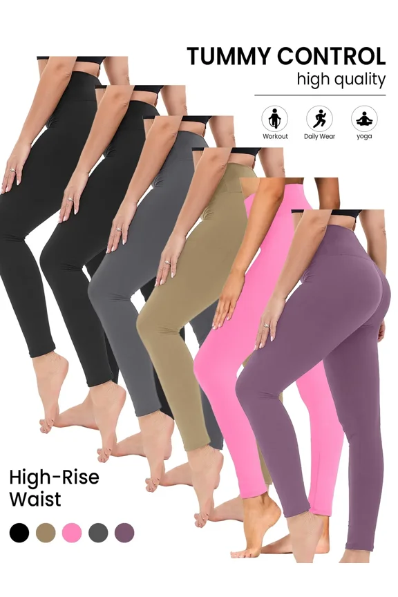 6-Packs High Waisted Leggings for Women - No See Through Tummy Control Cycling Workout Yoga Pants