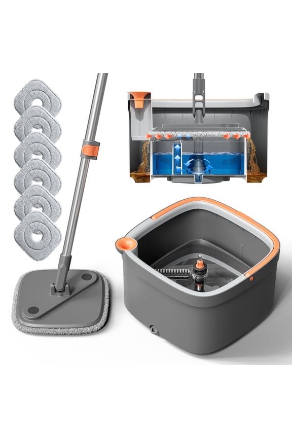 Spin Mop and Bucket Set with Dirty Water System, 360° Cleaning Mop, Includes 6 Washable Pads