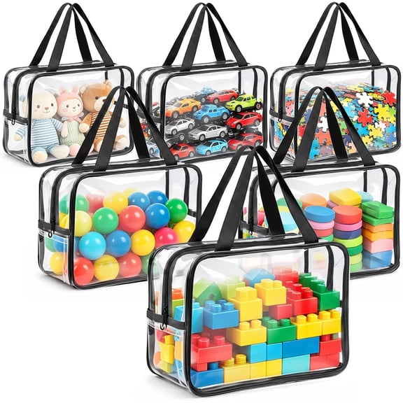 6 Packs Large Storage Bags, Clear PVC Storage Bags with Zipper, Travel Organizer Bags for Puzzles, Building Blocks,Board , Books, Stationery (Black)