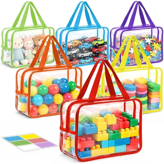6 Packs Large Storage Bags, Clear PVC Storage Bags with Zipper, Travel Organizer Bags for Puzzles, Building Blocks,Board , Books, Stationery(Colorful)